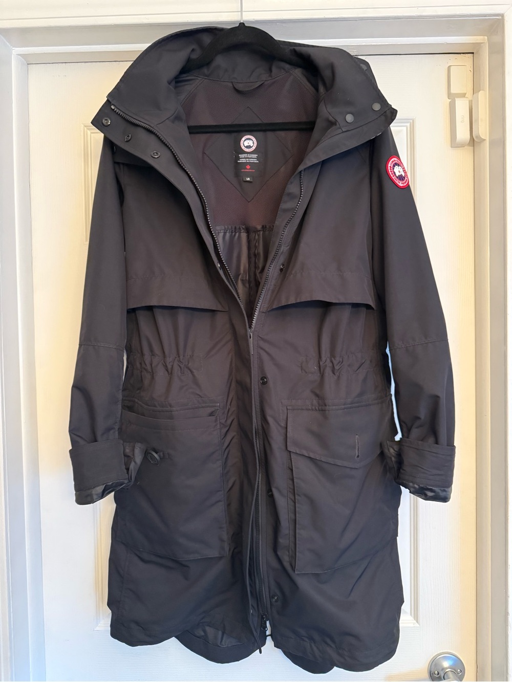 Canada Goose Black Hooded Trench Coat with Signature Badge
